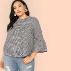 Shein Plus Flower Embroidery Gingham Blouse