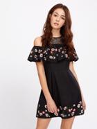 Shein Lace Yoke Open Shoulder Embroidered Flounce Dress