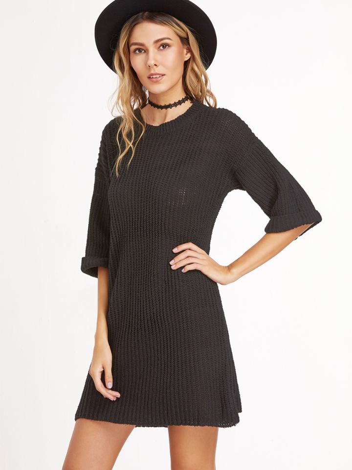 Shein Black Dropped Shoulder Seam Elbow Sleeve Sweater Dress