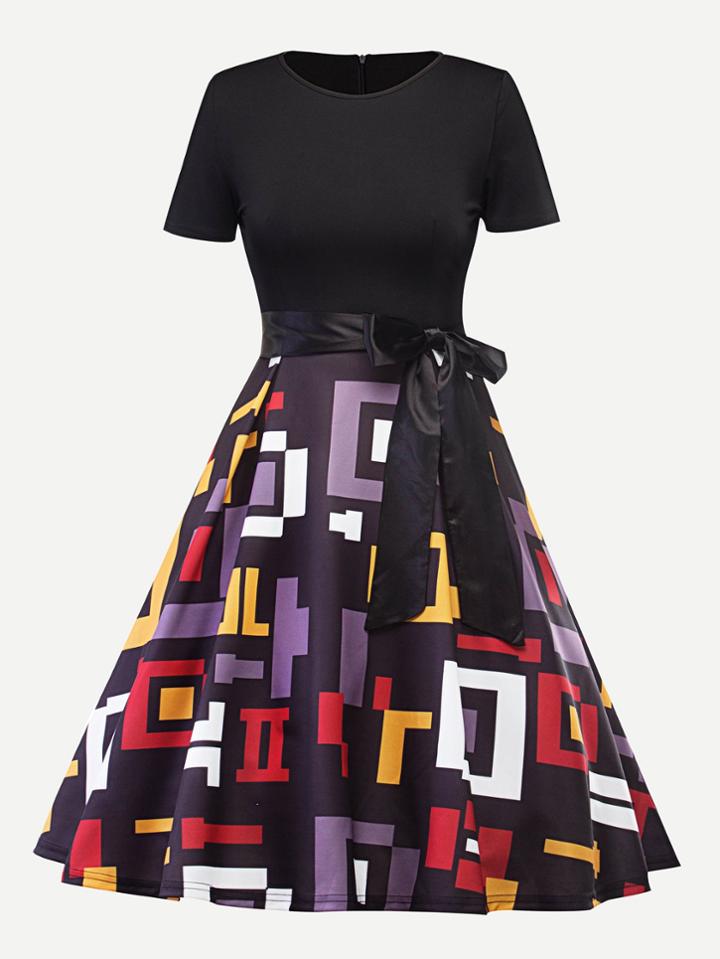 Shein Geo Print Knot Waist Zip Up Back Dress
