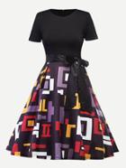 Shein Geo Print Knot Waist Zip Up Back Dress