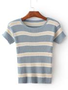 Shein Blue Elastic Cuff Stripe Tight T-shirt