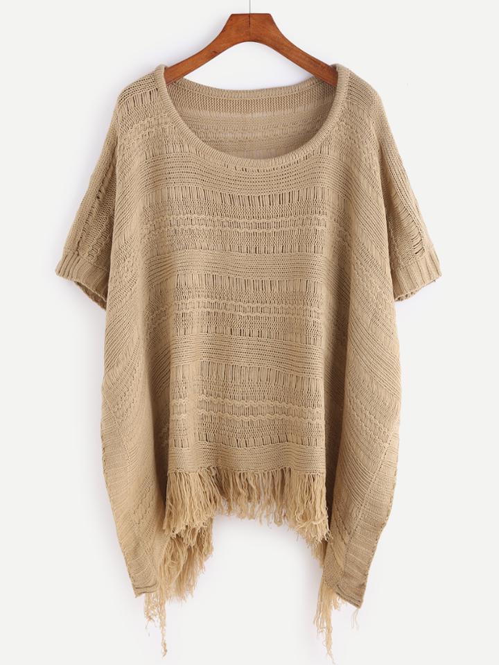 Shein Khaki Fringe Hem Cape Sweater