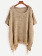 Shein Khaki Fringe Hem Cape Sweater