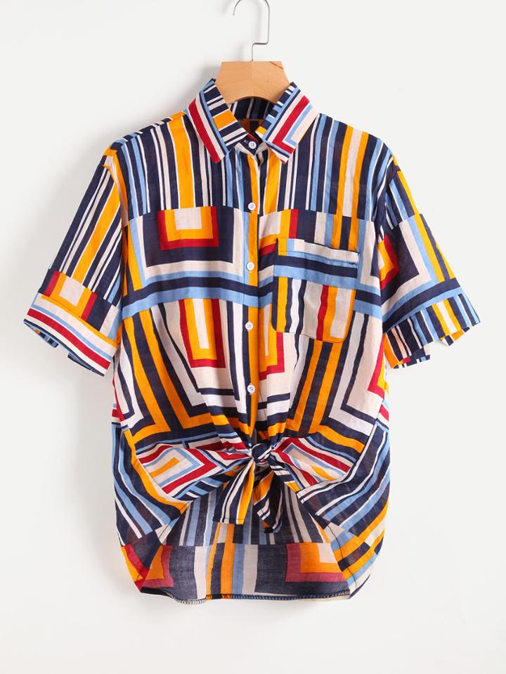 Shein Abstract Geo Print Knotted Hem Shirt