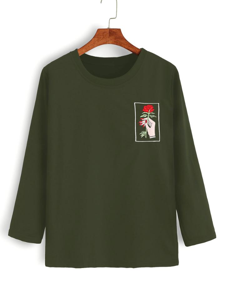 Shein Army Green Hand And Rose Embroidery T-shirt