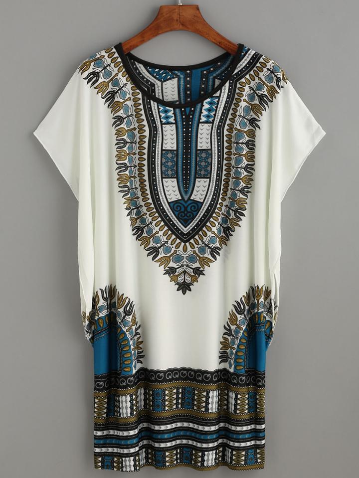 Shein White Tribal Print Dolman Sleeve Dress