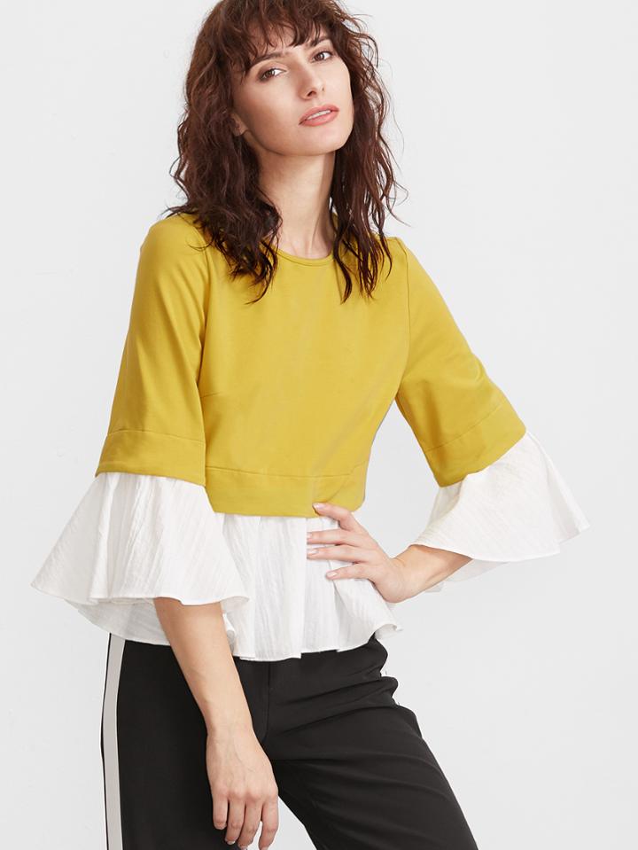 Shein Mustard Contrast Jacquard Ruffle Trim Sweatshirt