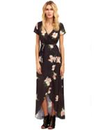 Shein Black Floral Print Short Sleeve V Neck Split Dress