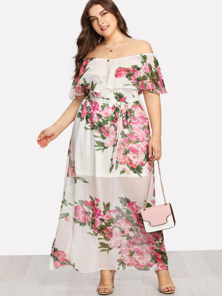 Shein Flounce Layered Neckline Floral Dress