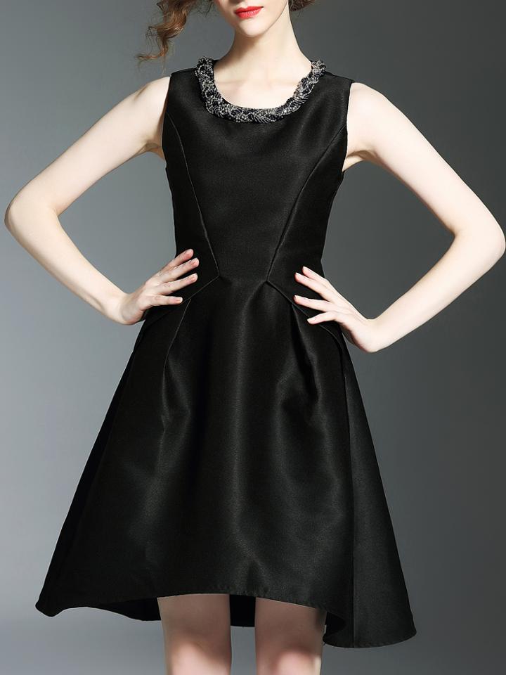 Shein Black Crew Neck Beading High Low Dress