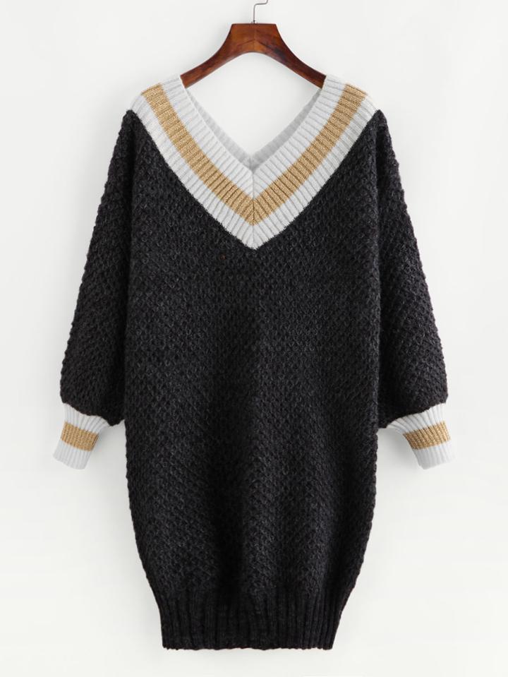 Shein Striped Trim Waffle Knit Sweater Dress