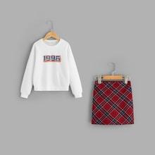 Shein Girls Letter Print Pullover & Argyle Skirt Set