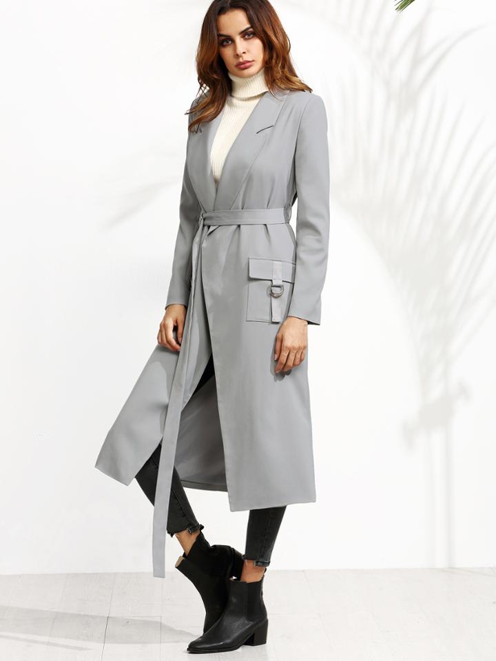 Shein Grey Belted Duster Coat With Buckled Flap Pockets