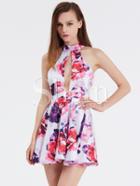 Shein White Halter Floral Painted Patterns Print Flare Dress