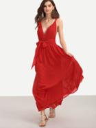 Shein Red V Neck Tie Waist Sleeveless Maxi Dress