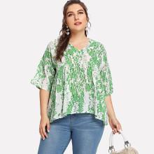 Shein Plus Printed Dip Hem Blouse