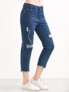 Shein Dark Blue Ripped Raw Edge Crop Jeans