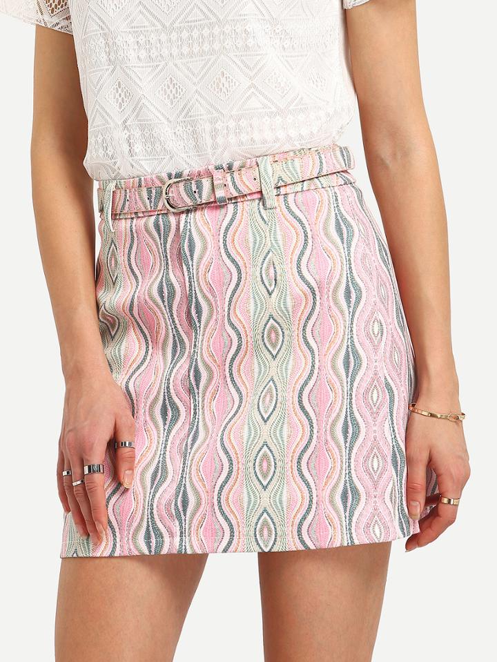 Shein Belted Coloful Wave Print Skirt