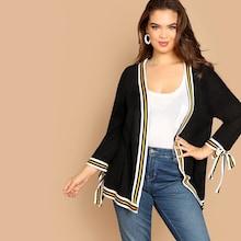 Shein Plus Knot Cuff Open Placket Striped Coat