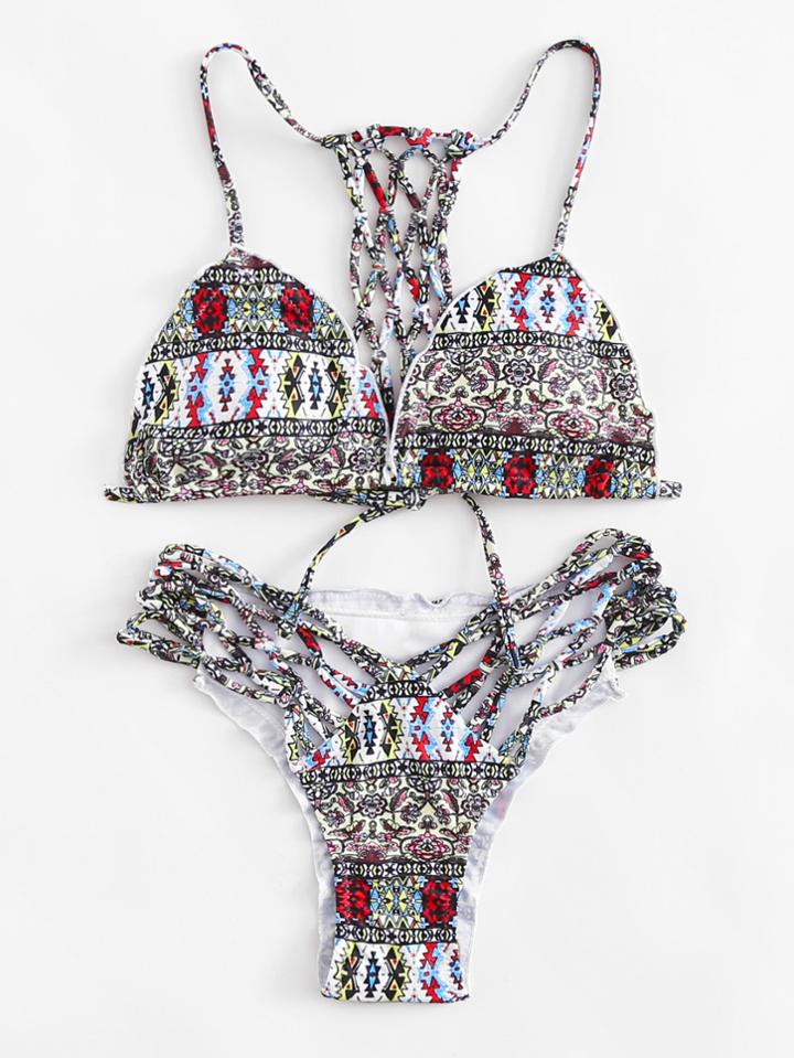 Shein Geometric Pattern Ladder Cut Out Bikini Set
