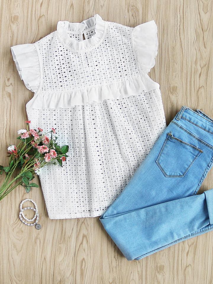 Shein Frill Detail Buttoned Closure Back Eyelet Embroidered Shell Top