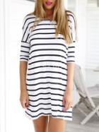 Shein White Half Sleeve Chambray Stripy Fringes Stria Striped Dress