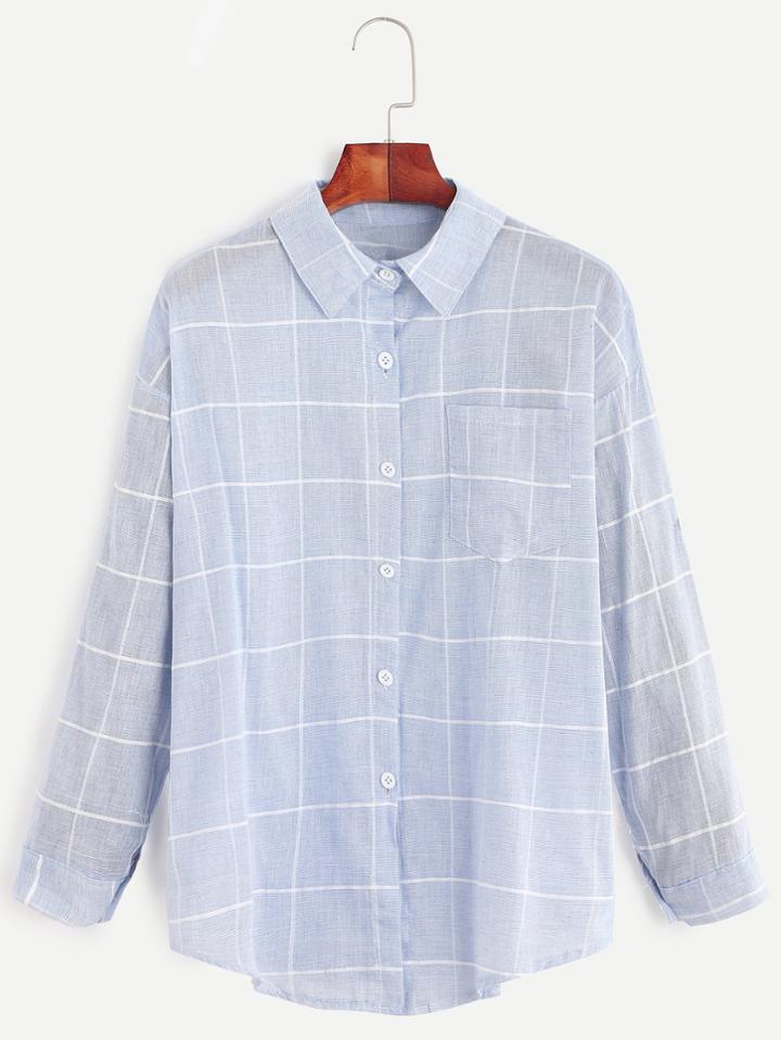 Shein Grid Print Pocket Curved Hem Shirt