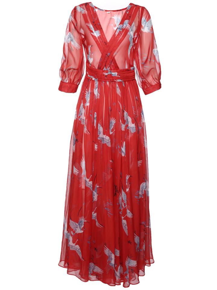 Shein V Neck Crane Print Long Dress