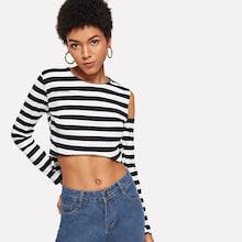Shein Cold Shoulder Striped Crop Tee