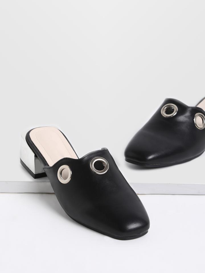 Shein Black Eyelet Detail Heeled Slippers