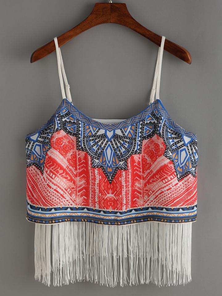 Shein Spaghetti Strap Fringe Print Chiffon Cami Top