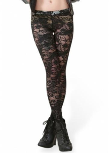 Rosewe Elastic Waist Solid Black Lace Leggings