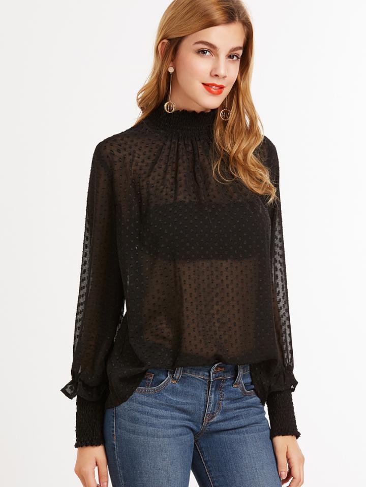 Shein Sheer Dotted Blouse With Smocked Detail