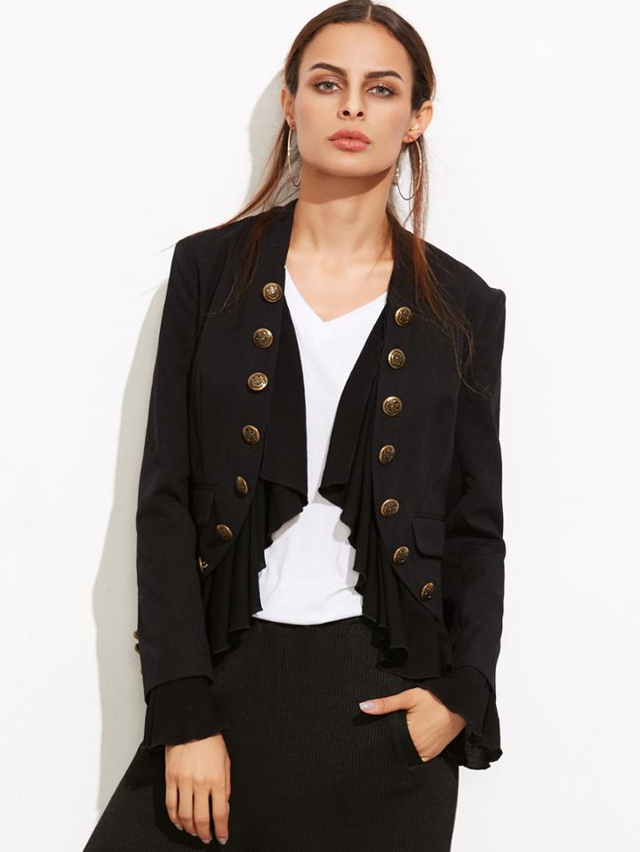 Shein Black Ruffle Trim Double Breasted Curved Blazer