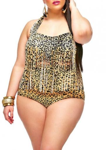 Rosewe Leopard Print Plus Size Two Piece Tassel Swimwear