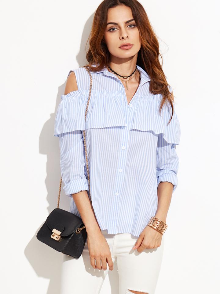 Shein Blue Vertical Striped Open Shoulder Ruffle Blouse