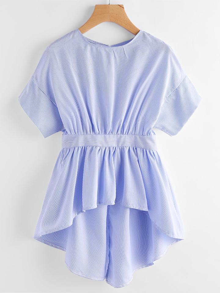 Shein Pinstriped Split Back Tie Detail Dip Hem Blouse