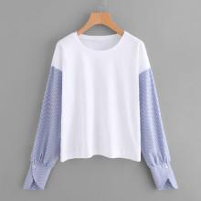 Shein Contrast Striped Sleeve Petal Cuff Top