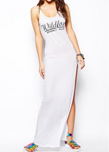 Rosewe Letter Print Side Slit White Dress