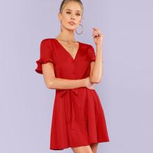 Shein Self Tie Waist Flounce Sleeve Button Up Dress