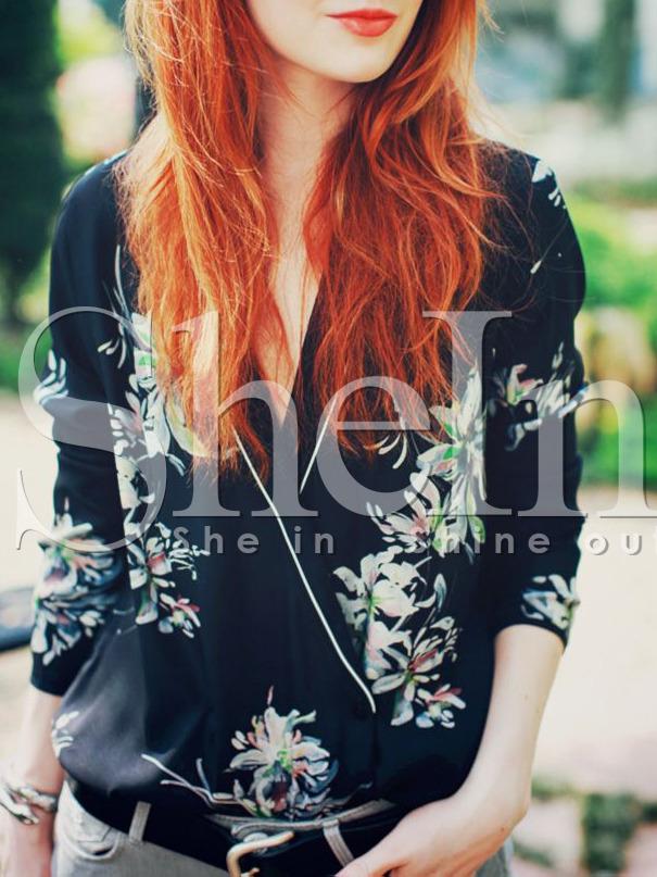 Shein Navy Wrap Front Floral Blouse