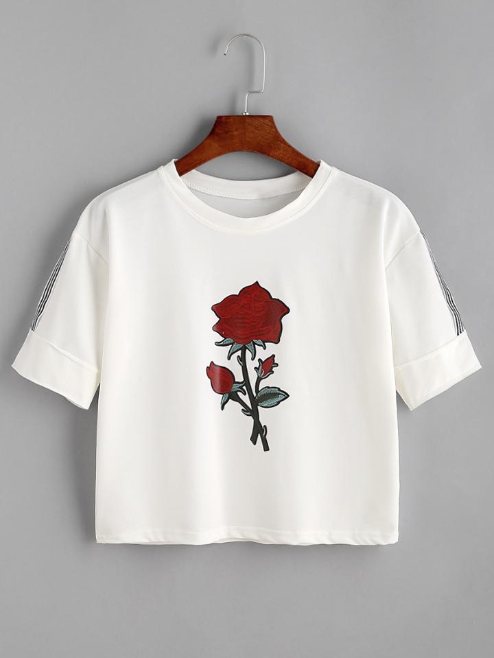 Shein Beige Rose Print Striped Trim Cuffed Crop T-shirt