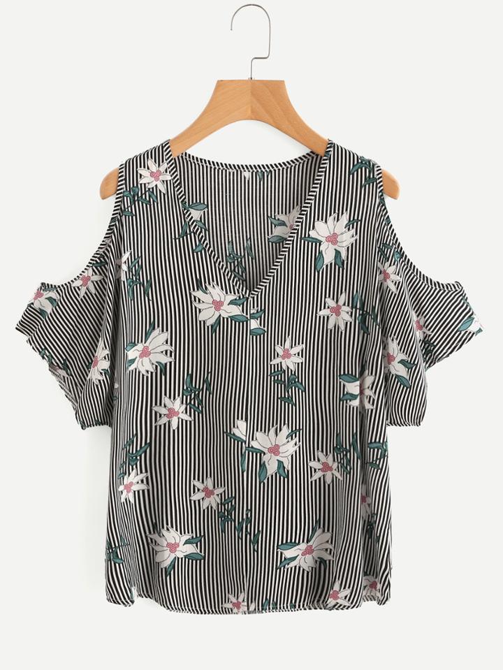 Shein V Neckline Open Shoulder Calico Print Striped Top