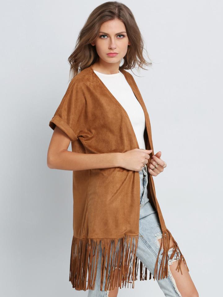 Shein Camel Short Sleeve Tassel Loose Coat