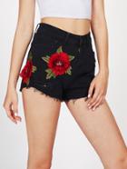Shein 3d Flower Applique Raw Hem Denim Shorts