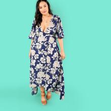 Shein Plus Trumpet Sleeve Surplice Wrap Dress