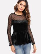 Shein Dot Mesh Shoulder Velvet Peplum Top