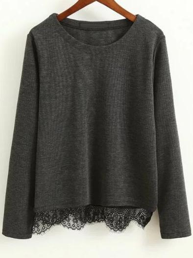 Shein Dark Grey Eyelash Lace Hem Casual Top