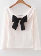 Shein White Boat Neck Ribbed Sweater With Bow